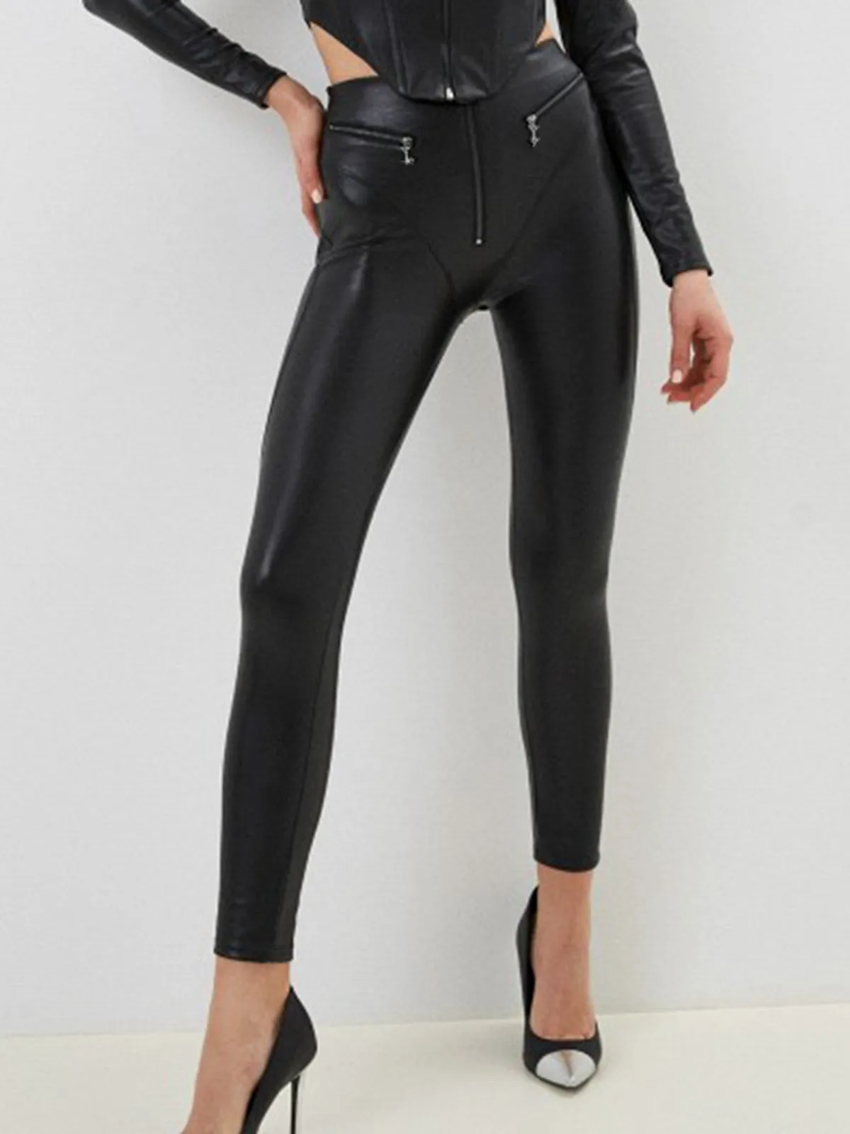 ?ZASUWA Female Fly-eye PU Zipper Hip-lift Leggings