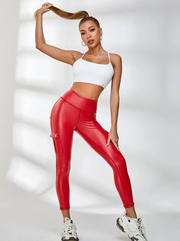 ZASUWA Female Halter Beautify Back Faux Leather Pocket Scrunch Bum Tracksuit