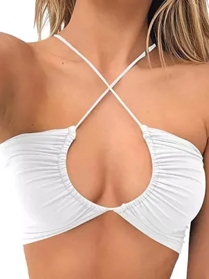 ZASUWA Female Halter Folds Cross Back Pleated Backless Sports Bras