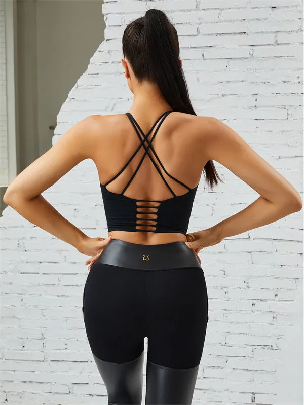 ZASUWA Female Hollow Out Cross Back PU Glossy Metal Buttons Hip-lift Sportswear