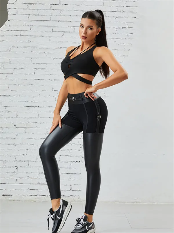 ZASUWA Female Hollow Out PU Glossy Cross Twist Metal Buttons Hip-lift Sportswear