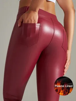 ZASUWA Female Pocket PU Faux Leather Leggings