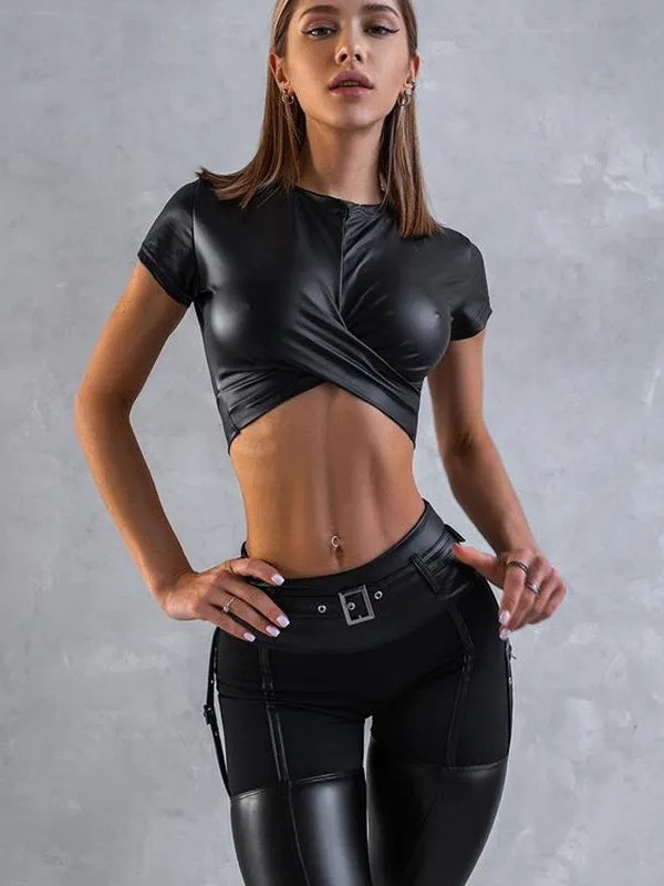 ?ZASUWA Female PU Glossy Cross Twist Metal Buttons Hip-lift Leggings