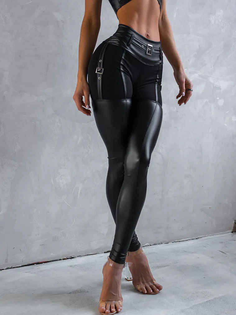 ?ZASUWA Female PU Glossy Cross Twist Metal Buttons Hip-lift Leggings