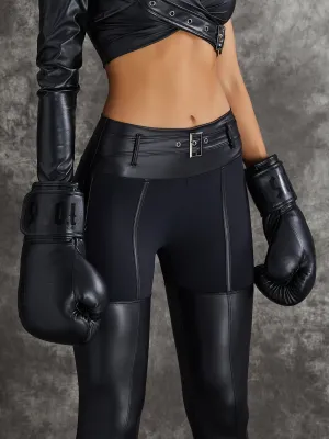 ?ZASUWA Female PU Glossy Cross Twist Metal Buttons Hip-lift Leggings