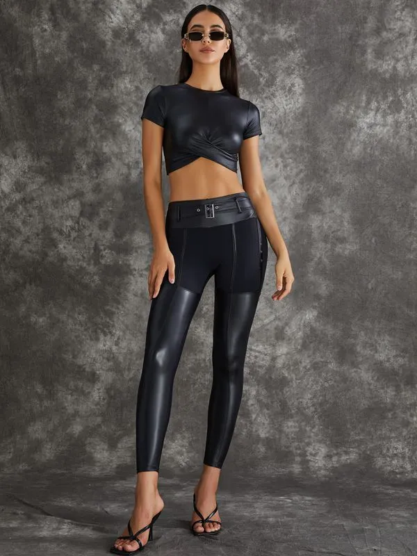 ?ZASUWA Female PU Glossy Cross Twist Metal Buttons Hip-lift Leggings