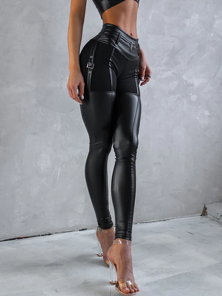 ?ZASUWA Female PU Glossy Cross Twist Metal Buttons Hip-lift Leggings