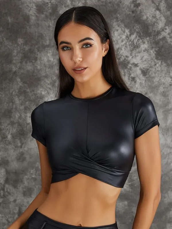 ZASUWA Female PU Glossy Cross Twist Metal Buttons Hip-lift Sportswear