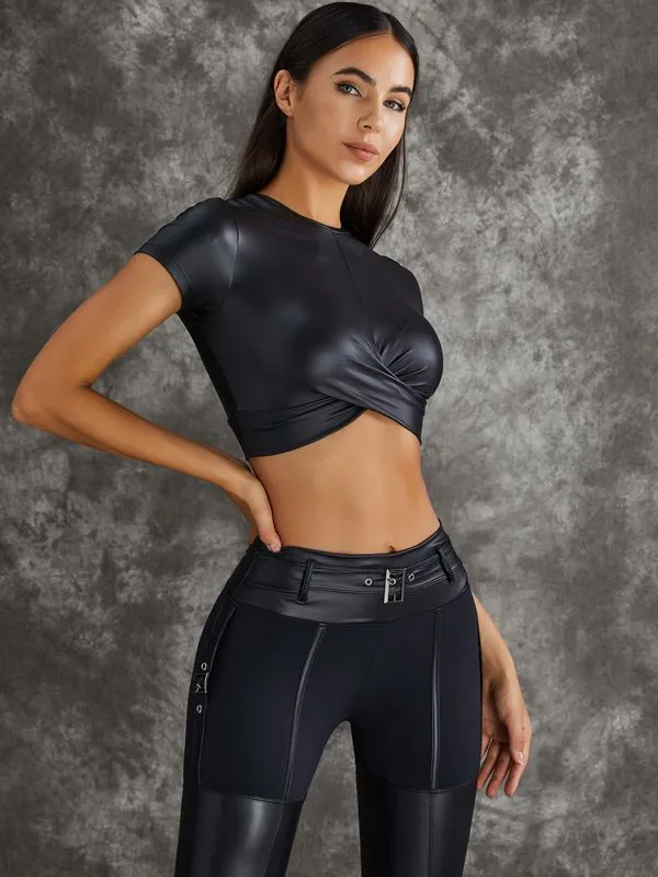 ZASUWA Female PU Glossy Cross Twist Metal Buttons Hip-lift Sportswear