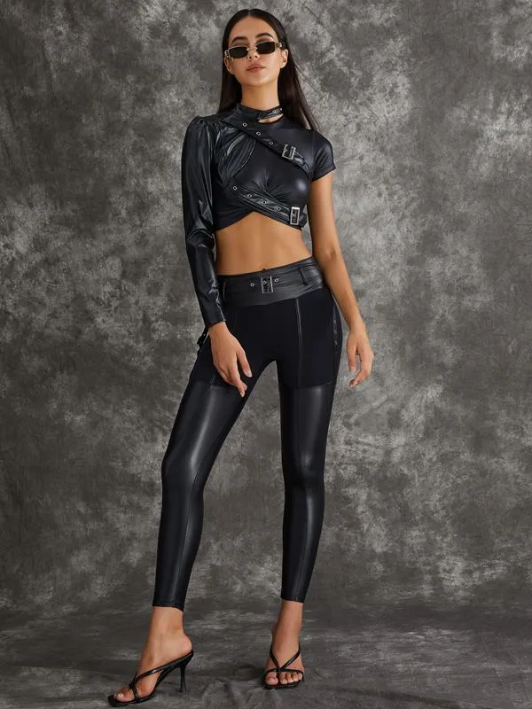 ZASUWA Female PU Glossy Cross Twist Metal Buttons Hip-lift Sportswear