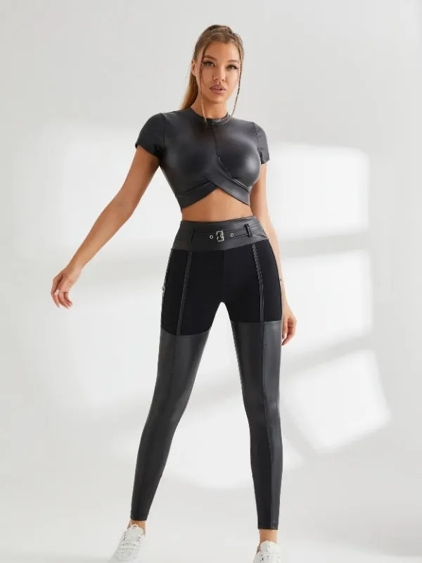 ZASUWA Female PU Glossy Metal Buttons Hip-lift Sportswear