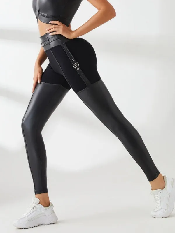 ZASUWA Female PU Glossy Metal Buttons Hip-lift Sportswear