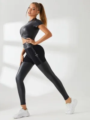 ZASUWA Female PU Glossy Metal Buttons Hip-lift Sportswear
