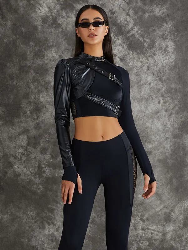 ?ZASUWA Female PU Net Thumbholes High-rise Hip-lift Leggings