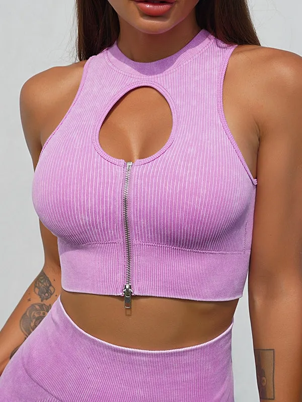 ZASUWA Female Ribbed Zipper Hollow Out Denim Sports Bras