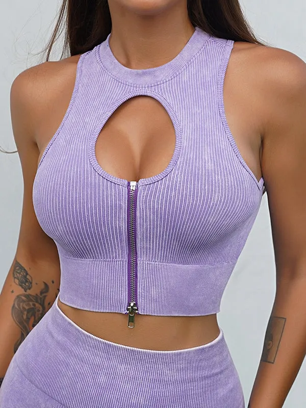 ZASUWA Female Ribbed Zipper Hollow Out Denim Sports Bras