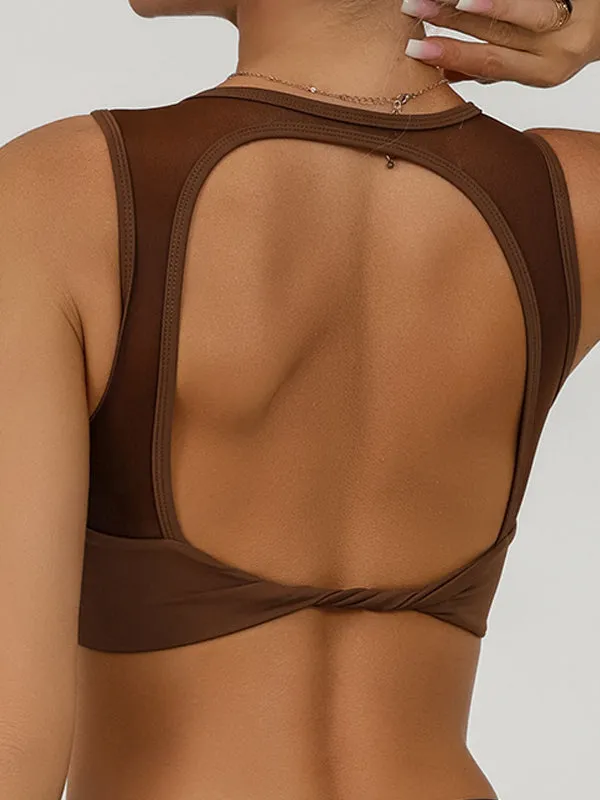 ZASUWA Female Solid Color Hollow Out Mesh Splicing Twist Sports Bras