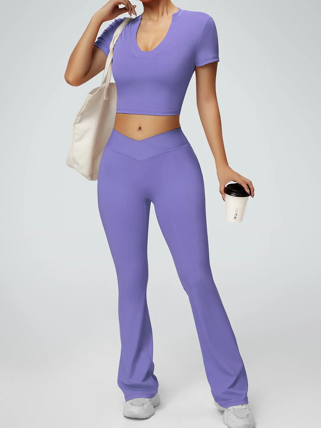 ZASUWA Female Solid Color V-shaped Waist Flare Elastic Tight Tracksuit