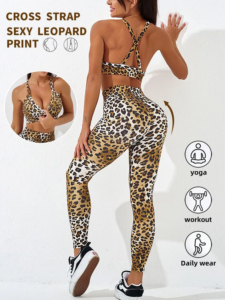 ZASUWA Female U Collar Leopard Print Cross Back Hollow Out Tracksuit