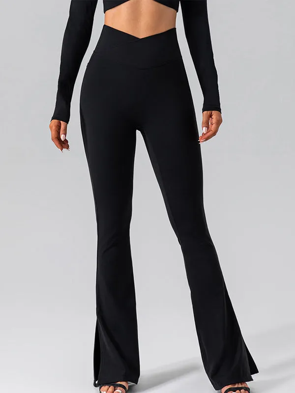 ZASUWA Female V-shape Waist Pocket Solid Color Split High-waisted Flare Pants