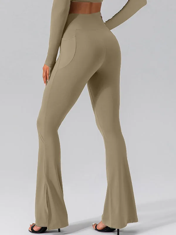 ZASUWA Female V-shape Waist Pocket Solid Color Split High-waisted Flare Pants