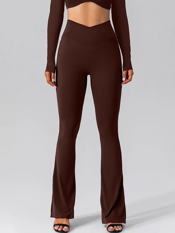 ZASUWA Female V-shape Waist Pocket Solid Color Split High-waisted Flare Pants