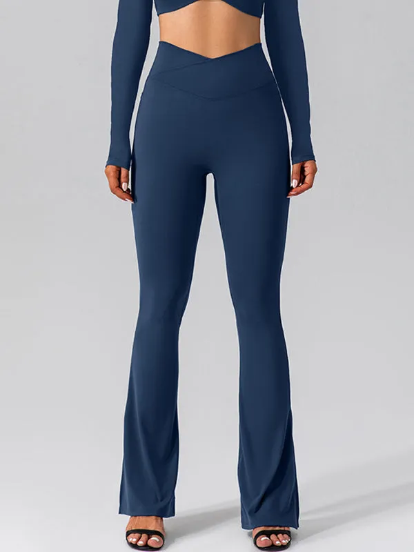 ZASUWA Female V-shape Waist Pocket Solid Color Split High-waisted Flare Pants