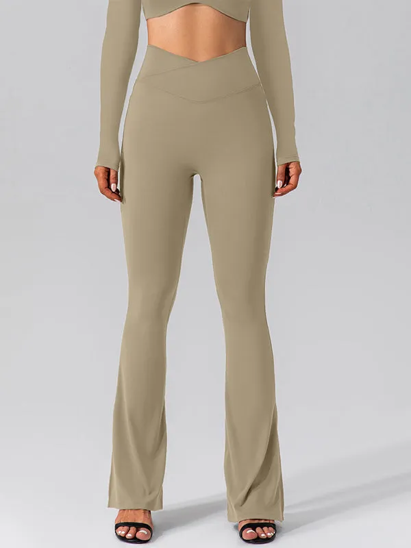 ZASUWA Female V-shape Waist Pocket Solid Color Split High-waisted Flare Pants